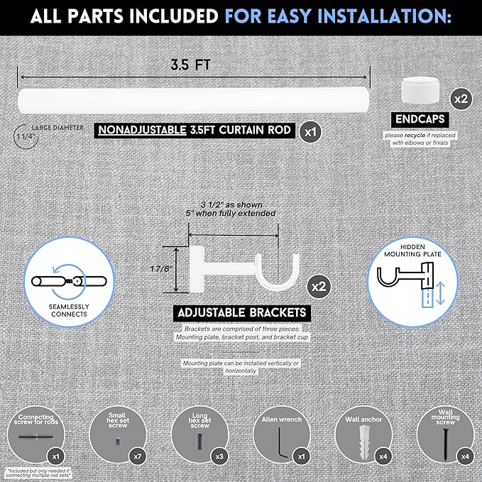 BlastHome® Non-Adjustable Luxury Curtain Rods for Windows, 1 ¼” Rod Set, 3 1/2 foot Fixed Length, White
