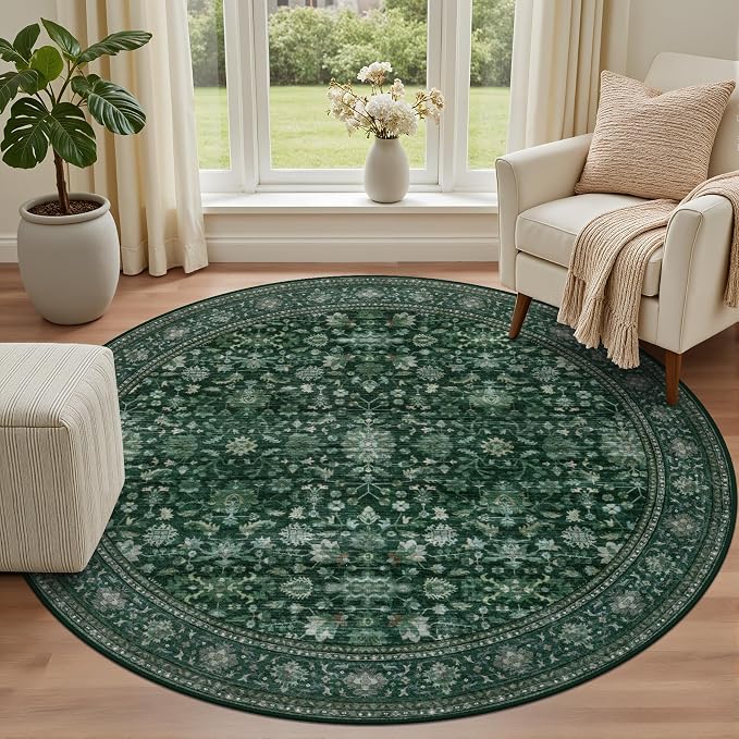 Round Area Rug for Living Room: 6ft Washable Vintage Boho Soft Thin Circle Rug Indoor Floor No Slip Stain Resistant Carpet for Bedroom Dining Room Farmhouse Nursery Home Office - Deep Green