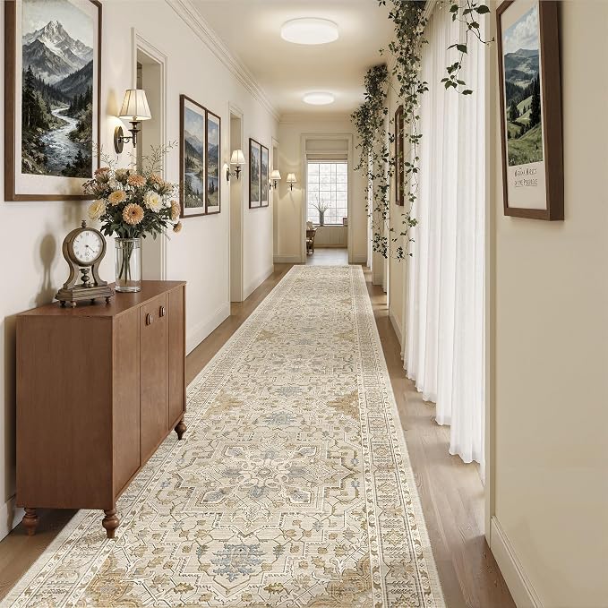 Madane Hallway Runner Rug 3x18 Washable Kitchen Runners 18ft, Beige/Blue | Vintage Non Slip Extra Long Area Rugs for Hallways, Soft Low-Pile Farmhouse Wide Floor Carpet for Entryway Bathroom Bedroom