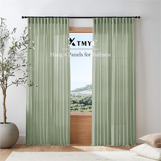 XTMYI Sage Green Linen Cotton Blend Curtains 84 Inches Long, Light Filtering Semi Sheer Cottage Core Boho Curtain Drapes for Summer Bedroom Living Room, Cortinas Verde Salvia
