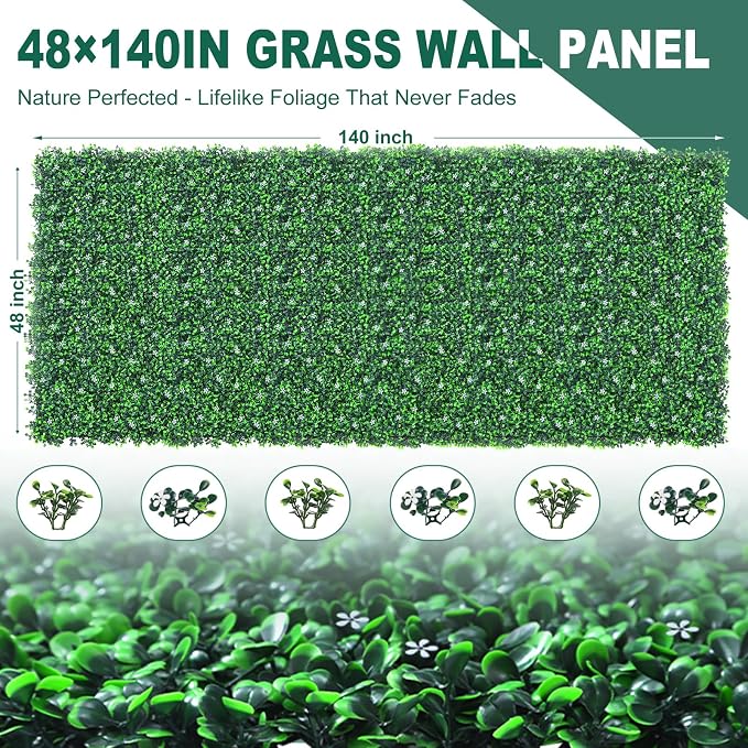 Yangrass Boxwood Roll Panels with Flowers, 48"x140" (47 sqft) Artificial Ivy Privacy Fence Screen, UV-Anti Faux Boxwood Roll Grass Wall Panels for Patio Garden Balcony Decor