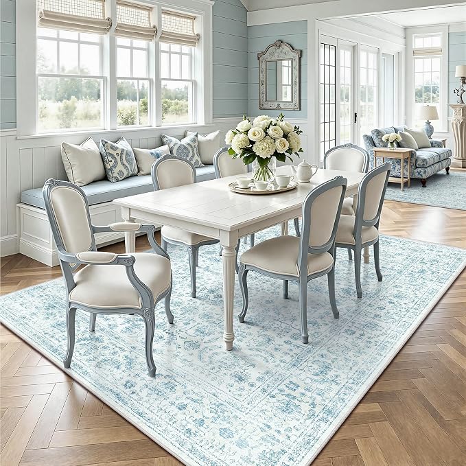 6x9 Area Rugs, Washable Vintage Retro Floral Rug for Living Room, Low Pile Non Slip Distressed Large Carpet for Bedroom, Dining Room, Office, Home (Blue)