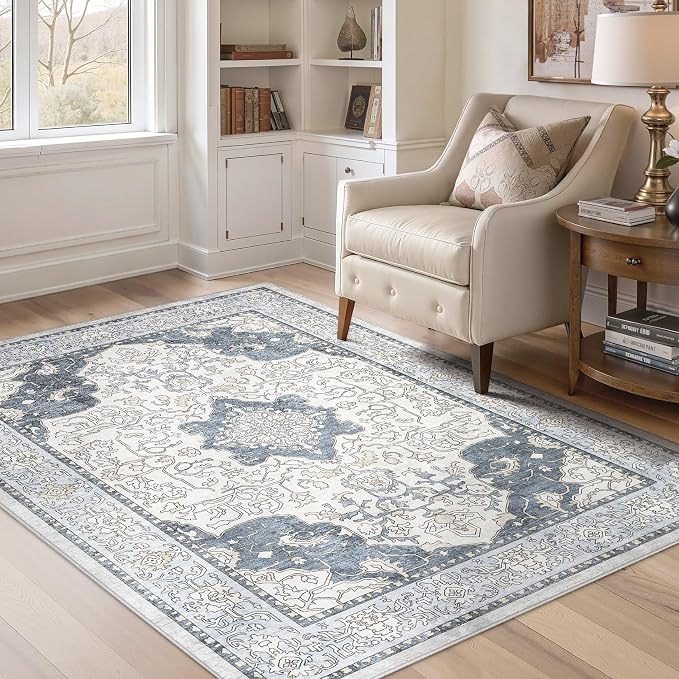 cotiled 4x6 Area Rug Machine Washable Vintage Carpet for Living Room Bedroom Soft Non-Slip Backing Floor Mat Kid & Pet Friendly Stain Resistant Light Blue