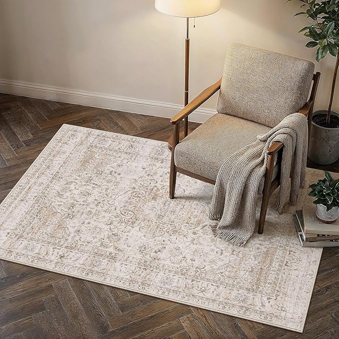 3x5 Washable Area Rug Beige Vintage Non Slip Soft Low Pile Rug for Entryway Kitchen Bathroom Distressed Oriental Throw Carpet for Living Room Bedroom Home Decor