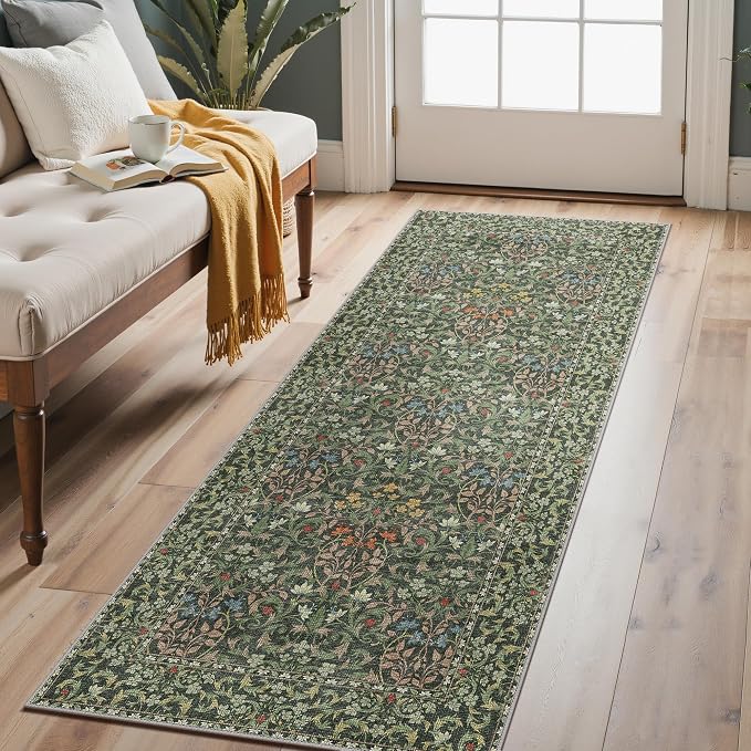 GENIMO 2.5x6 Washable Kitchen Runner Rug, Non Slip Mat, Emerald Green | Vintage Boho Floral Low Pile Thin Mat for Entryway, Kitchen, Bedroom, Indoor Decor