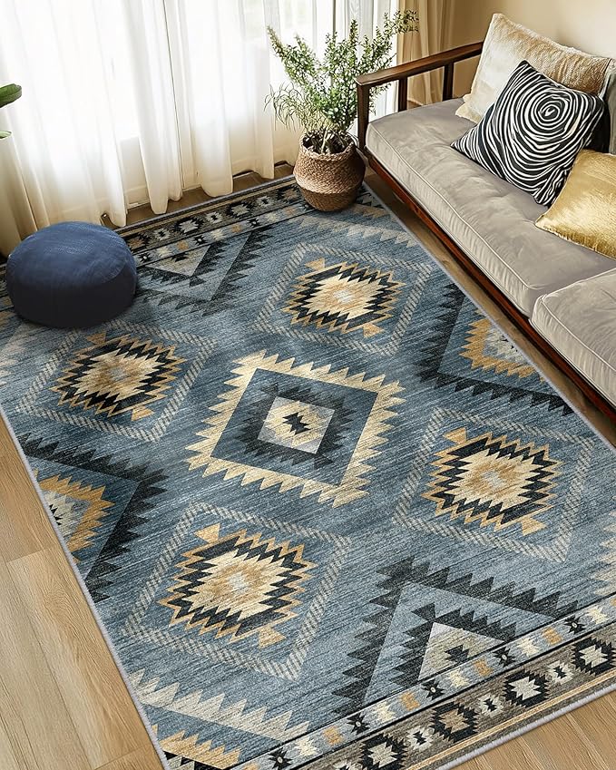 BESTSWEETIE Area Rug 5x7 Rug Machine Washable Rug Non-Slip Low Pile Print Pattern Western Rug for Living Room Bedroom Entryway Tribal Series -Navy/Grey