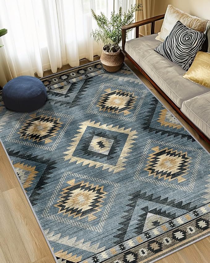 BESTSWEETIE Area Rug 6x9 Rug Machine Washable Rug Non-Slip Low Pile Print Pattern Western Rug for Living Room Bedroom Entryway Tribal Series -Navy/Grey