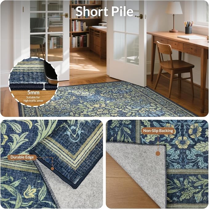 GENIMO 2x7 Washable Runner Rug, Non Slip Hallway Mat, Dark Blue | Vintage Boho Floral Low Pile Thin Mat for Entryway, Kitchen, Bedroom, Indoor Decor