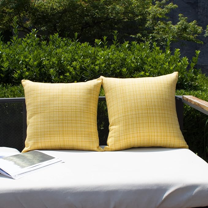 Kevin Textile Outdoor Waterproof Throw Pillow Covers 26x26 Inch Pack of 2 Woven Faux Linen Farmhouse Decorative Euro Shams Water Resistant Cushion Covers for Tent Patio Garden Couch Sofa Yellow