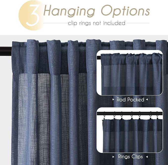 Navy Blue Curtains 80 inch Length for Bedroom Back Tab Light Filtering Semi Sheer Blue Living Room Curtains Linen Cotton Textured Indigo Blue Drapery Panel Modern Farmhouse Aesthetic Decor Dark Blue