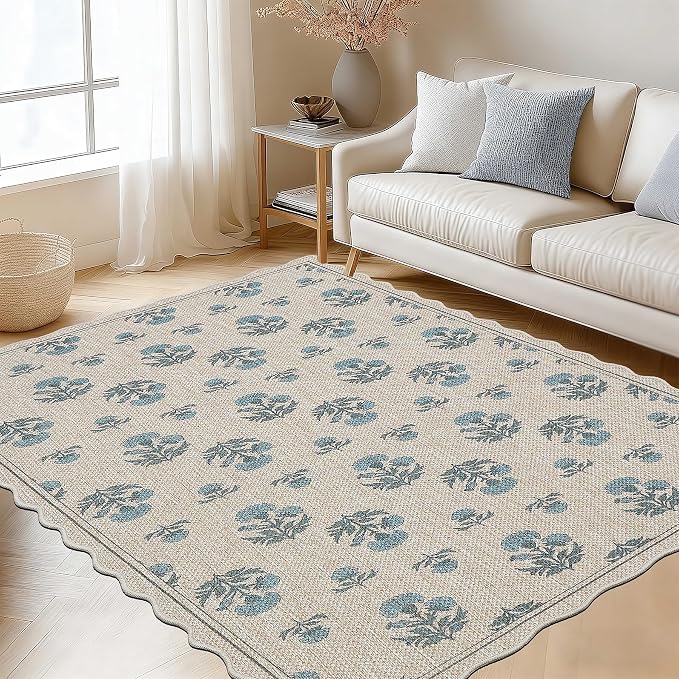 ORTIGIA Scalloped Easy Jute 3x5 Area Rug Vintage Blue Floral Farmhouse Washable Rug Non-Slip Indoor Outdoor Carpet for Living Room Bedroom Kitchen Patio Entryway