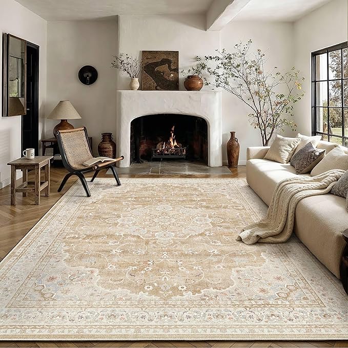 HUGEAR Area Rugs 9x12 Machine Washable Vintage Beige Brown Living Room Bedroom Rug Throw Carpet Non Slip Stain Resistant Low Pile for Home Retro Aesthetic Modern Decor