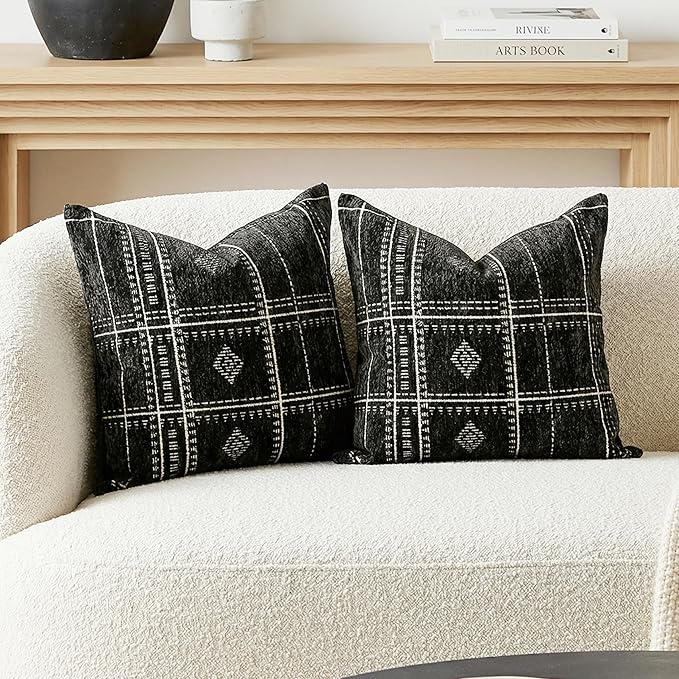 BlissBlush Decorative Throw Pillow Covers 20x20 Set of 2, Boho Textured Chenille Accent Throw Pillow Covers for Couch Sofa Bed Living Room Home Décor, Black (Cover Only)