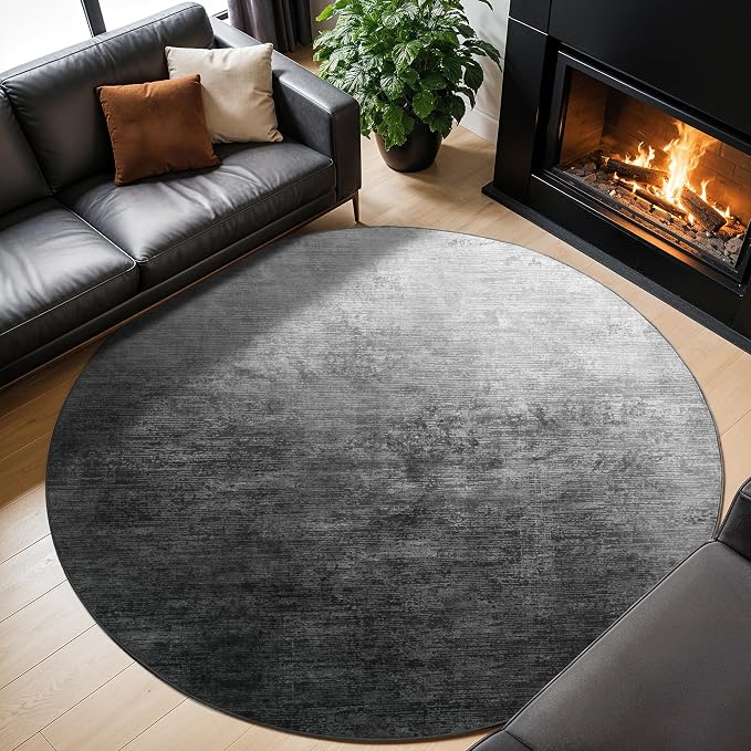 LIANLAM 8 FT Washable Rug, Gray Solid Round Rugs for Living Room & Bedroom | Stain-resistant & Non-slip backing,Low Pile Washable Large Carpet, Solid Vintage Style For High Traffic Areas(8 FT,Gray)