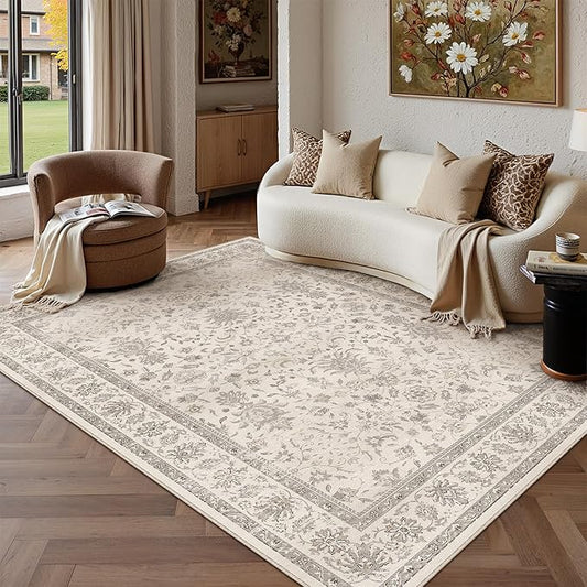 PureCozy 6x9 Area Rug Beige Washable Vintage Carpet Living Room Bedroom Large Non Slip Stain Soft Resistant Low Pile Thin Boho Accent Indoor Throw Rug for Dining Room Office