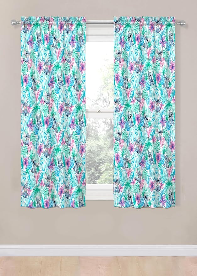 Jay Franco Window Curtains for Kids Bedroom 4-Piece Drape Set with 2 Tiebacks, Blue - Lilo & Stitch, 42" W x 63" L (Pack of 2)