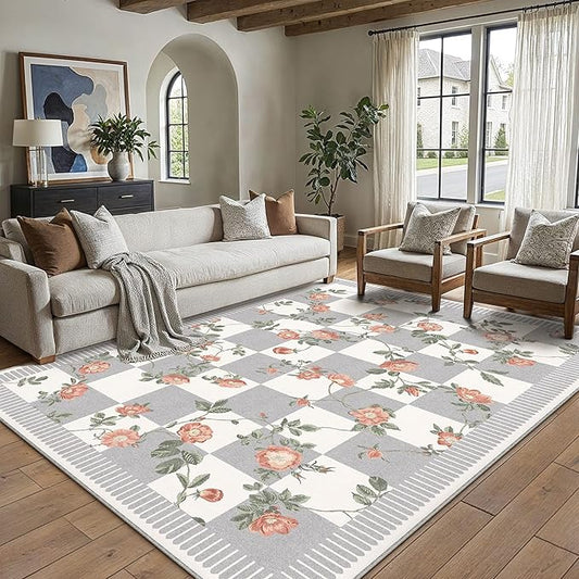 HUGEAR 6x9 Checkered Area Rugs Machine Washable Grey Living Room Rug Floral Print Non-Slip Stain Resistant Low Pile Indoor Throw Carpet for Bedroom Home Unique Aesthetic Modern Decor