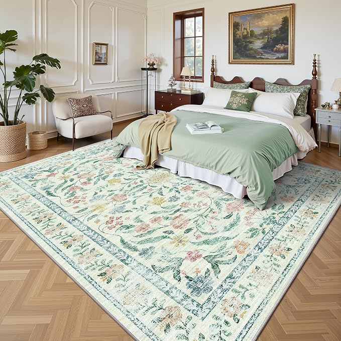 5x7 Area Rugs, Vintage Rugs for Bedroom, Indoor Non-Slip Washable Rug for Living Room, Dining Room, Low Pile Home Decor Floral Rug(Beige Bloom)