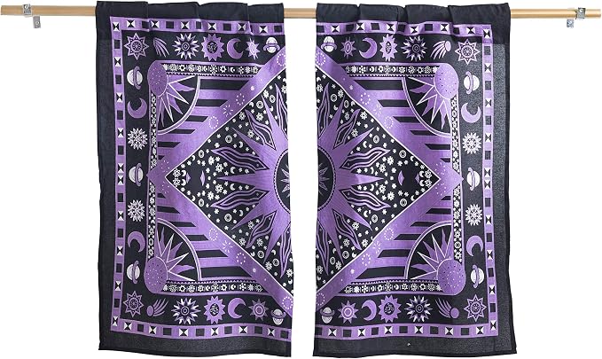Popular Handicrafts Indian Burning Sun Hippie Mandala Kitchen Window Curtains - Gypsy Bohemian Sun Moon Beautiful Drapery Bedroom Living Room Balcony Valance Panels Purple