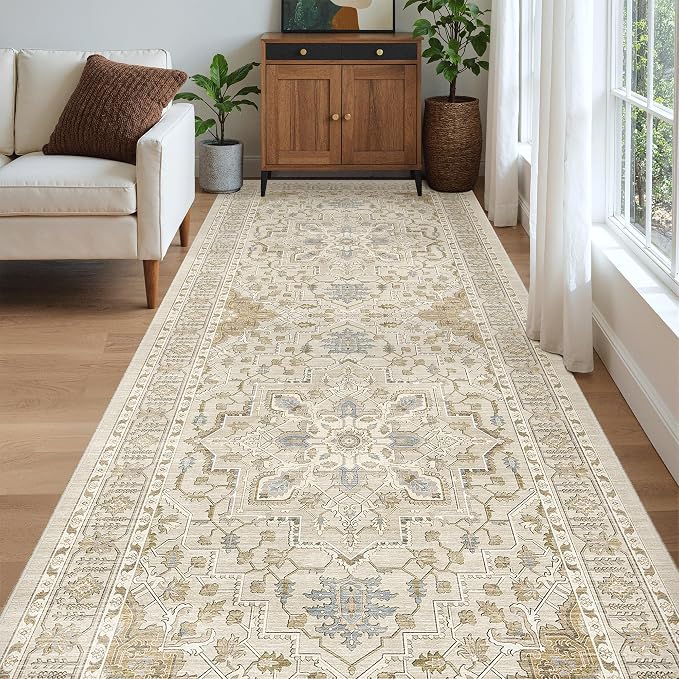 Madane 4x10 Wide Hallway Runner Rug Washable for Living Room, Beige/Blue | Soft Stain Resistant Ktichen Runners 10ft, Vintage Non Slip Low Pile Area Rugs, Thin Floor Carpet for Bathroom Dining Bedroom
