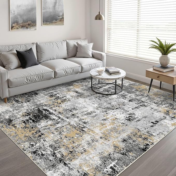 6x8 Area Rug Living Room: Washable Large Abstract Neutral Modern Soft Rug Stain Resistant Indoor Floor Non-Slip Accent Carpet for Bedroom Nursery Playroom Dining Room Office Dorm Home- Black Gold