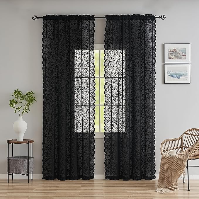 ALIGOGO Black Sheer Curtains 80 Inch Length 2 Panels - Luxury Floral Lace Curtains for Home Office Doorway, Dark Academia Rod Pocket Gothic Scalloped Edges Halloween Party Decor, 52W x 80L Inch