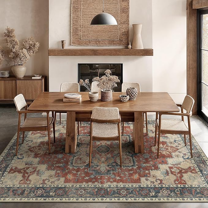GENIMO 8x10 Area Rugs for Living Room, Machine Washable Non Slip Vintage Rugs, Low Pile Lightweight Print Rug for Bedroom, Dining Room, Home Office,Bordeaux
