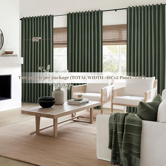 Dark Olive Green Curtains 60 Inch Length Extra Wide Pleated Black Out 90 Inch Long for Living Room, Linen Thick Sliding Glass Door Heavy Duty Insulated Large Window Drapes (60"Wx90"Lx 2Panels Loden)