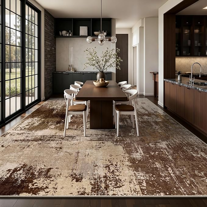 10x12 Area Rugs - Modern Abstract Washable Rug, Ultra Soft Non Slip Low Pile Large Brown Rugs for Living Room, Floor Carpet for Bedroom Dining Room Office Laundry Nursery Home