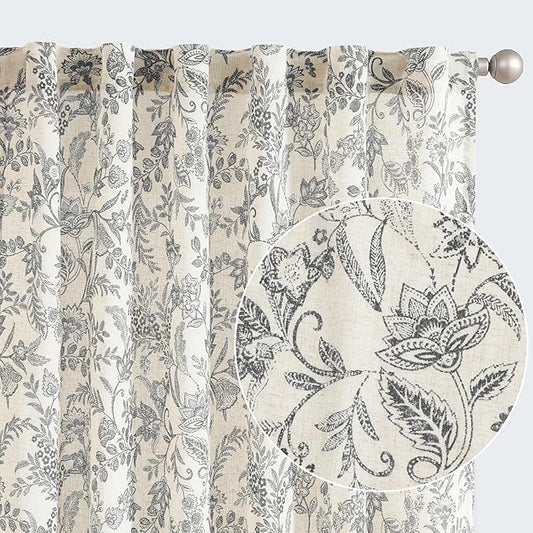 jinchan Floral Linen Blend Curtains for Living Room Black French Country Farmhouse 96 Inch Long Light Filtering Semi Sheer Kitchen Window Back Tab Curtains 2 Panels