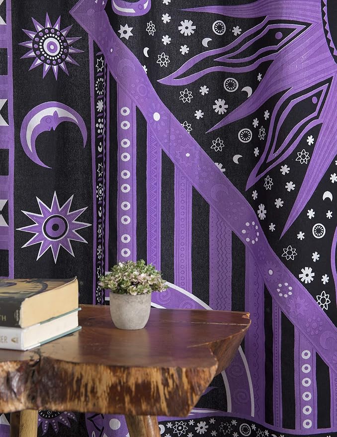 Popular Handicrafts Indian Burning Sun Hippie Mandala Window Curtains - Gypsy Bohemian Sun Moon Beautiful Drapery Bedroom Living Room Balcony Valance Panels Purple