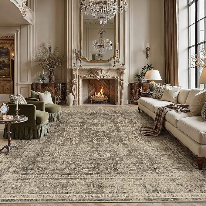8x10 Washable Area Rug for Living Room Bedroom Brown Vintage Large Distressed Rustic Low Pile Carpet Non-Slip Soft Throw Rug for Indoor Dining Room