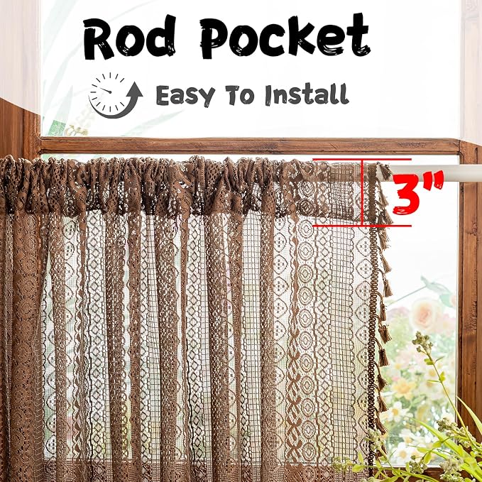 Sutuo Home Boho Valance Short Curtains 2 Panels for Kitchen Cafe, Lace Sheer Curtains Closet Crochet Privacy Farmhouse Vintage Chic Tassels Caramel Macrame Decor Rod Pocket,50" W x 36" L Dark Coffee