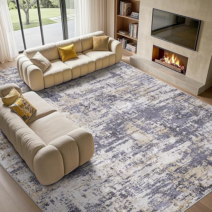 Tortania Area Rug Living Room Rugs - 10x12 Modern Abstract Neutral Large Soft Thin Rugs - Non Slip Indoor Carpet for Bedroom Dining Room Office Nursery Home Floor Decoration - Purple
