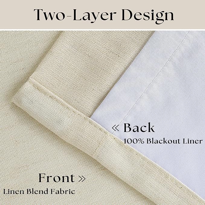Linen Beige Black Out Curtains 63 Inch Long for Bedroom Pinch Pleated with Rings Hooks Back Tab Thermal Insulated Short Length Linen Blackout Drapes Farmhouse Living Room Darkening Kitchen Curtains