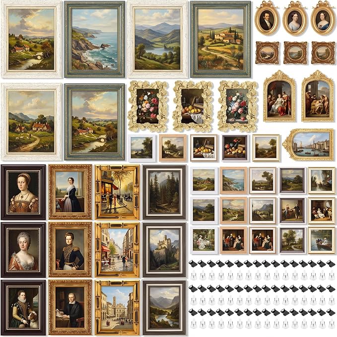 Kathfly 50 Pack Vintage Picture Frames for Wall, Tabletop Display Ornate French Country Frames Vintage Farmhouse Decor Antique Wall Frame Set for Gallery Bedroom Living Room Decor (Retro in Gold)
