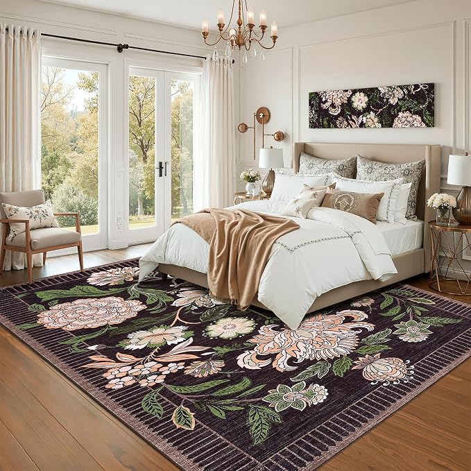GarveeHome Plum Pink Floral Botanical Washable 9x12 Area Rug for Living Room Soft Black Purple Vintage Boho Cottage Large Rugs Low Pile Carpet for Bedroom Dining Nursery Rug