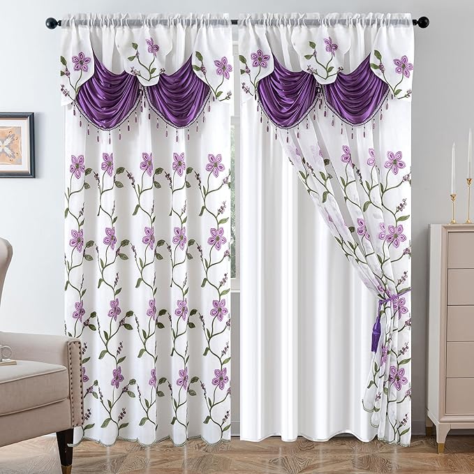 Petrichor Embroidered Sheer Curtain 2 Panels Set - Luxury Window Curtain Attached Valance with Satin Backing and 2 Tie Backs for Living Room,Dining Room, 54x63 inches,Lavender