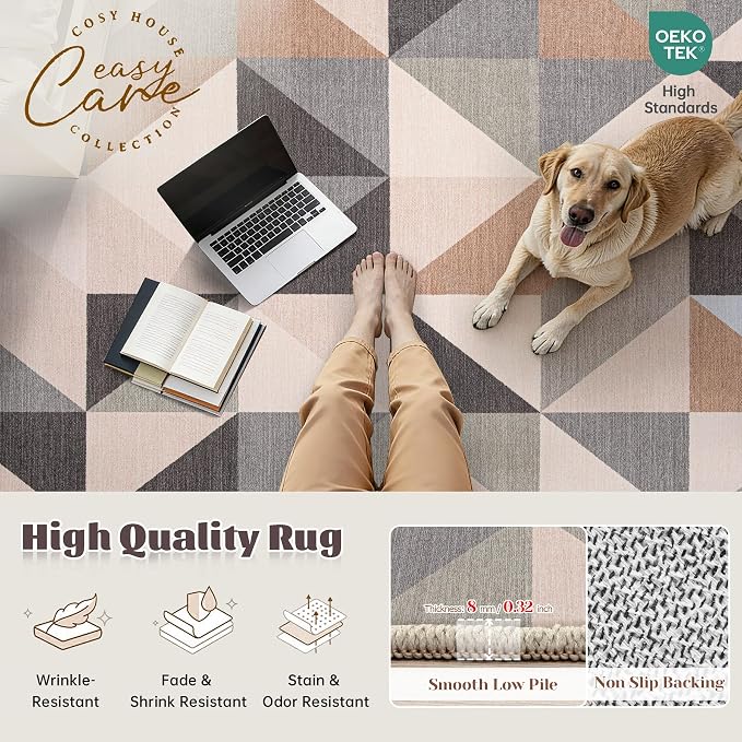 Washable Rug 6x9 Area Rugs: Modern Geometric Area Rug for Living Room Non-Slip Neutral Soft Carpet Low Pile Stain Resistant Indoor Rugs for Bedroom Nursery Dining Room Office (Beige Brown, 6'X9')