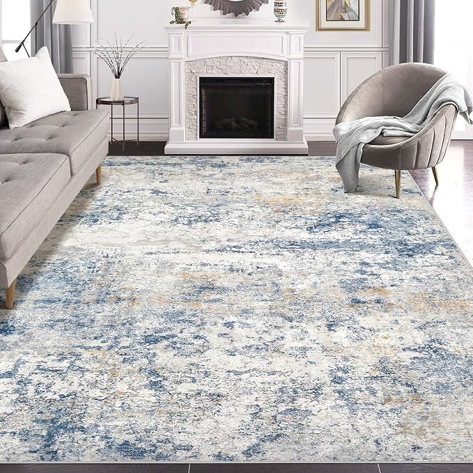DMOYEST Area Rug Living Room Rugs - 10x12 Abstract Large Soft Indoor Washable Rug Neutral Modern Low Pile Carpet for Bedroom Dining Room Farmhouse Home Office - Blue