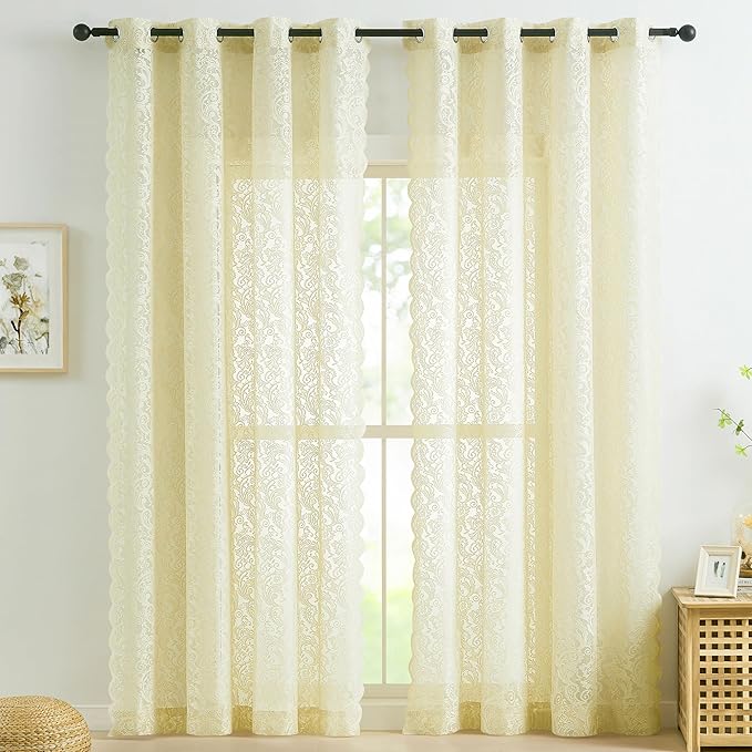 Bujasso Ivory Lace Sheer Curtains 108 inch Vintage Floral Sheer Window Curtain Panels for Living Room Bedroom Elegant Light Filtering Ivory Drapes Window Treatment Set Grommet Top 2 Panels 54"Wx108"L