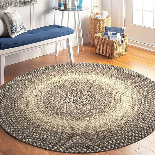 Super Area Rugs Braided Rug Round 10ft Farmhouse Kitchen Rug - Ridgewood Braided Carpet for Living Room - Reversible - Indoor/Outdoor - Made in USA - Brown Velvet/Beige, 10' Round
