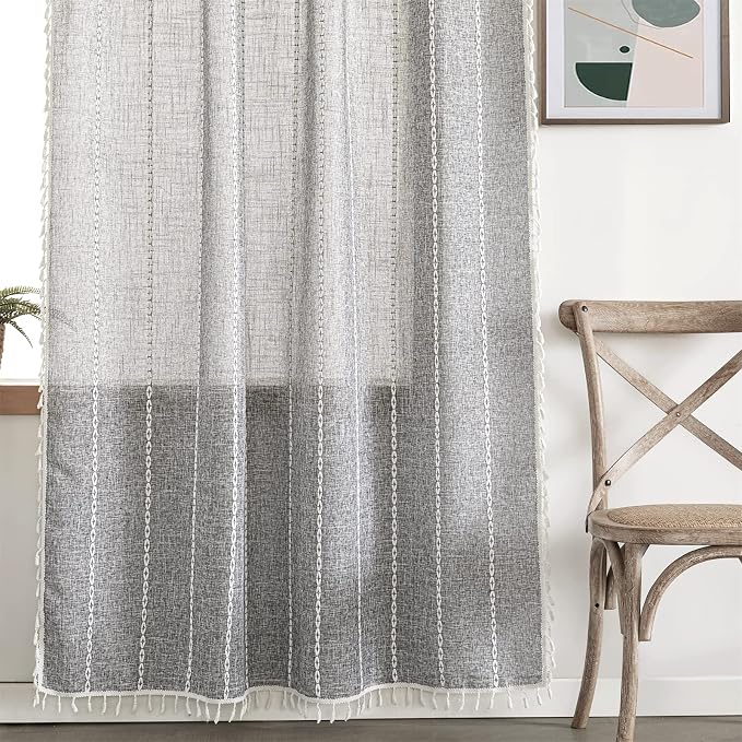 RoomTalks Dark Gray Boho Farmhouse Curtains for Bedroom Living Room 84 Inch Length French Cabin Rustic Country Cute Charcoal Window Curtain Panels Bohemian Chic Tassel Draperies, 84’’L x 52’’W