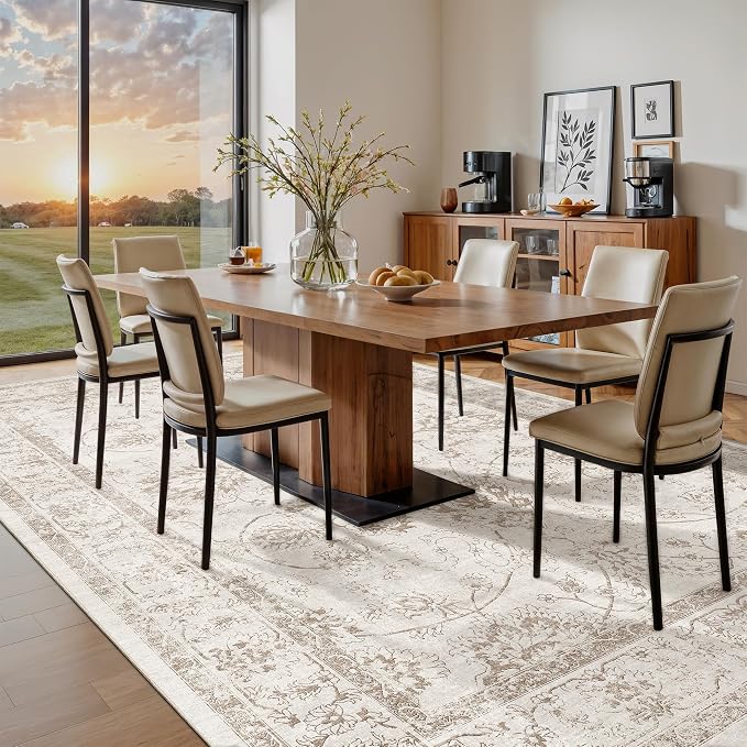 Madane 8x10 Area Rugs for Living Room, Machine Washable Vintage Rug with Non-Slip Backing, Soft Floral Print Large Throw Rugs, Thin Carpet for Bedroom Dining Room Farmhouse (8 x 10, Brown/Ivory)