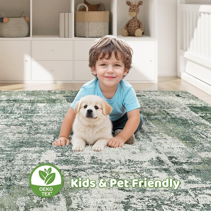 6x8 Area Rug Living Room: Washable Large Abstract Soft Stain Resistant Indoor Floor Rugs Non-Slip Accent Carpet for Bedroom Nursery Playroom Office Dining Room Home House- Dark Green