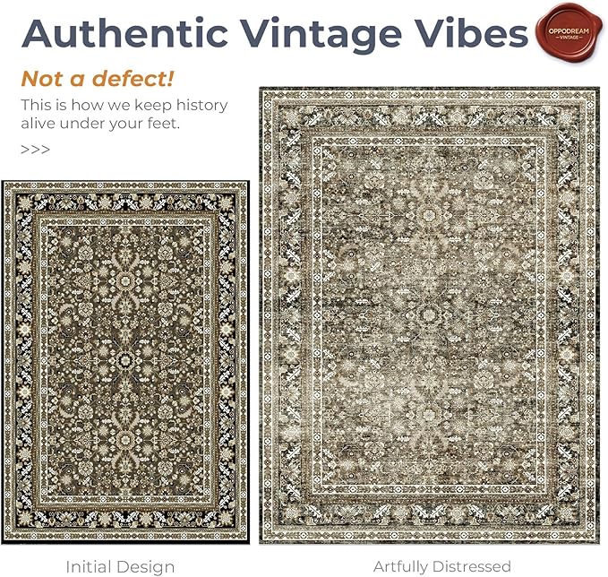 OPPODREAM Vintage Brown 2x10 Runner Rug, 2 x 10 Retro Washable Rug Non Slip, Low-Pile Faux Wool Carpet, Distressed Floor Mat for Kitchen, Hallway, Entry-Way, Entrance, Indoor Back Door