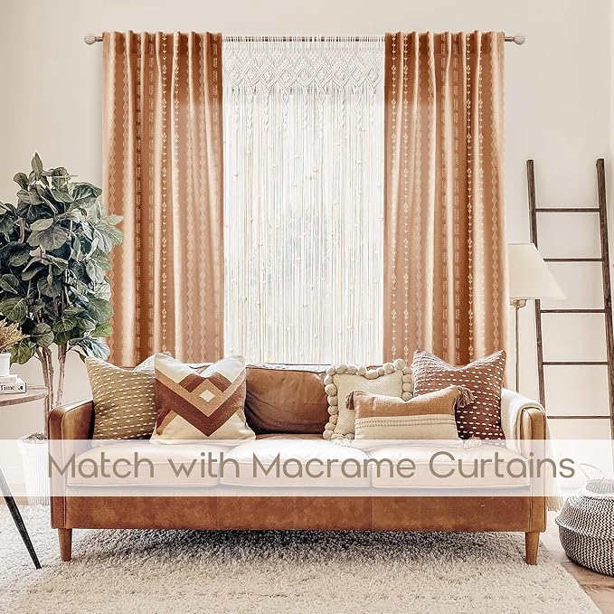 Terracotta Boho Curtains for Living Room Bedroom, Vintage Burnt Orange Rust Colored Floral Printed Drapes, Rustic Farmhouse Sheer Linen Patterned Curtains 84 Inch Length 2 Panels Set