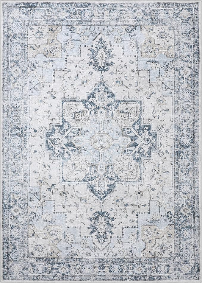 GENIMO 7'6''x9'6'' Area Rugs for Living Room, Machine Washable Non Slip Vintage Rugs, Low Pile Lightweight Chenille Print Rug for Bedroom, Dining Room, Home Office, Blue
