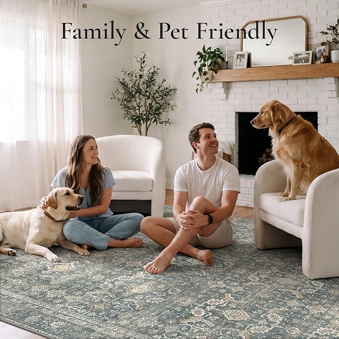 GENIMO 6x9 Area Rugs for Living Room, Machine Washable Non Slip Vintage Rugs, Low Pile Lightweight Chenille Print Rug for Bedroom, Dining Room, Home Office, Deep