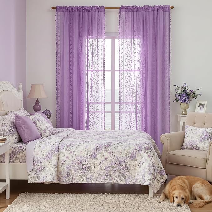 WAZZIO Boho Lace Curtains 84 Inch 2 Panels -Sheer Panel Drape Floral Pattern & Tassel Light Filtering Privacy for Bedroom Dining Living Room,Lilac Girl Women House Decor,Lavender Purple,W52 x 84L